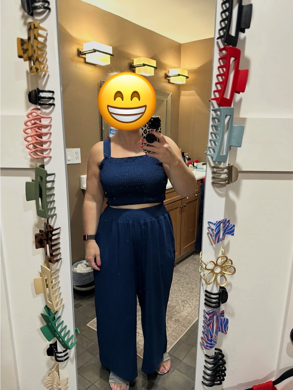 Navy Two-Piece Crop Top and Wide Leg Pants Set